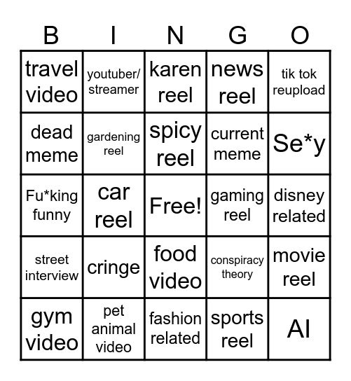 Instagram reel bingo Card