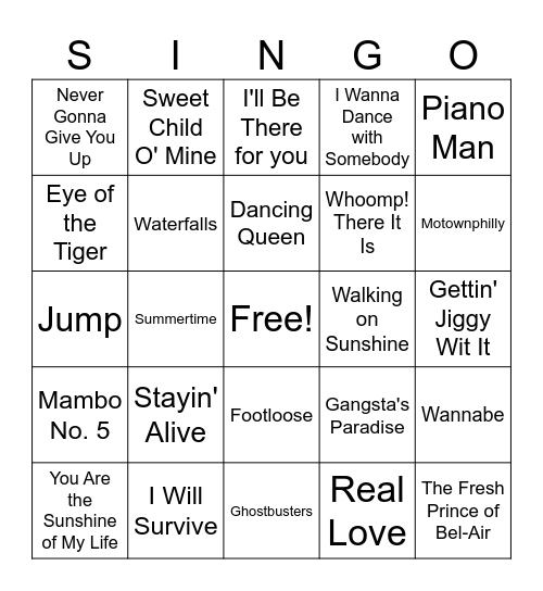 SINGO Bingo Card