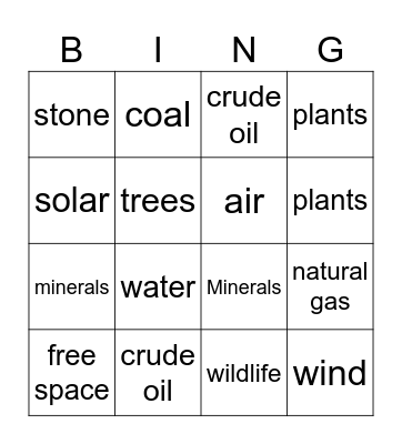Natural Resource Bingo Card