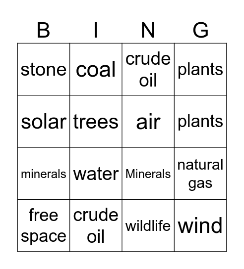 Natural Resource Bingo Card