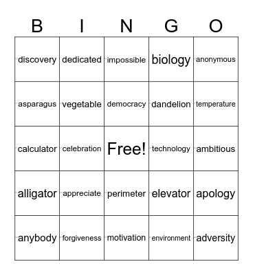 4-Syllable Words Bingo Card