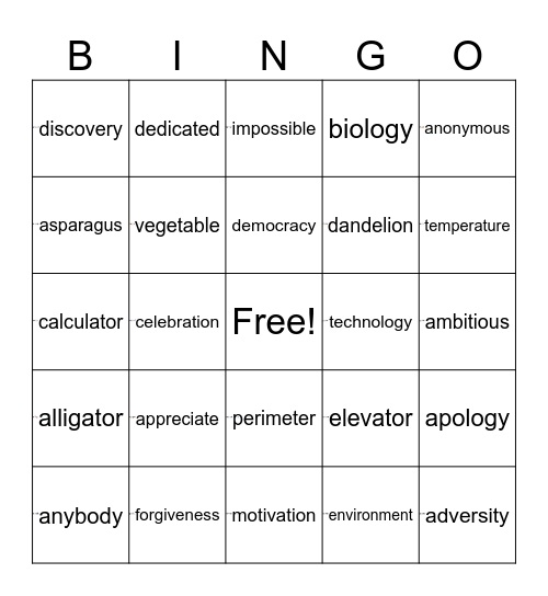 4-Syllable Words Bingo Card