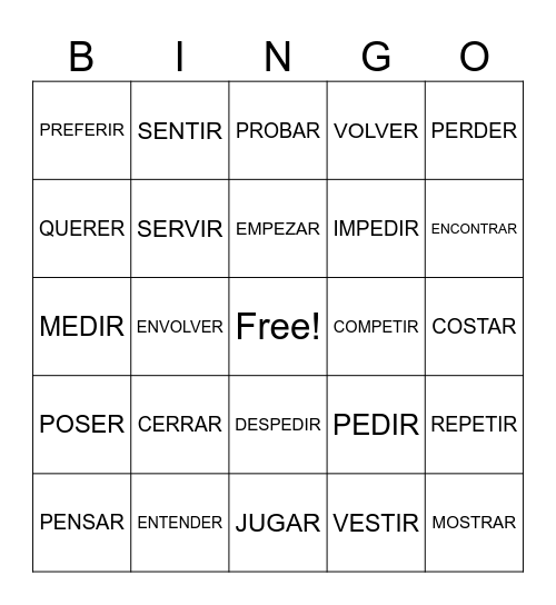 STEM-CHANGING VERBS Bingo Card