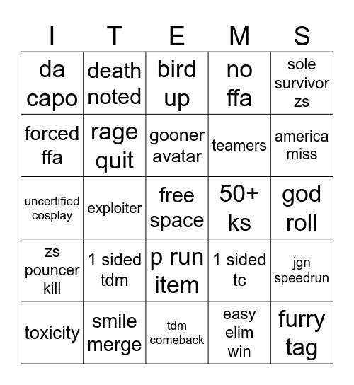 Item Asylum Bingo Card