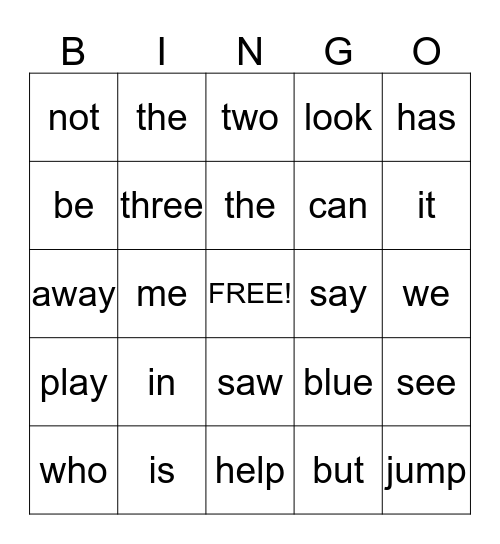 Site Word Bingo Card