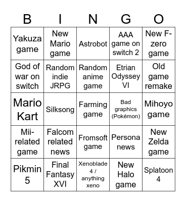 Nintendo Switch 2 direct Bingo Card