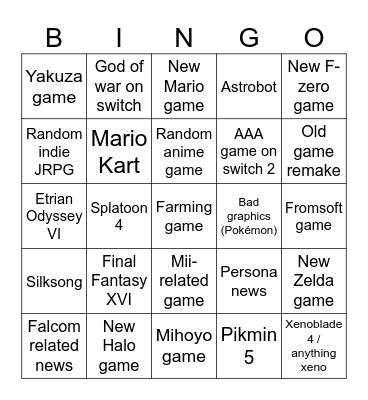 Nintendo Switch 2 direct Bingo Card