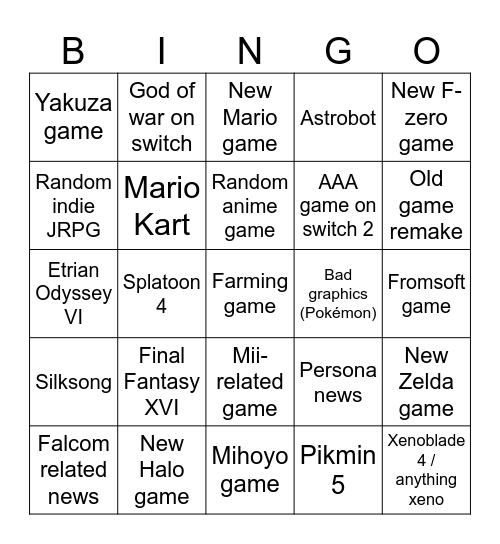 Nintendo Switch 2 direct Bingo Card