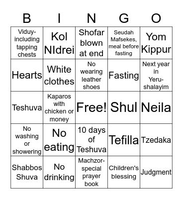 Learning about Yom Kippur Bingo Card