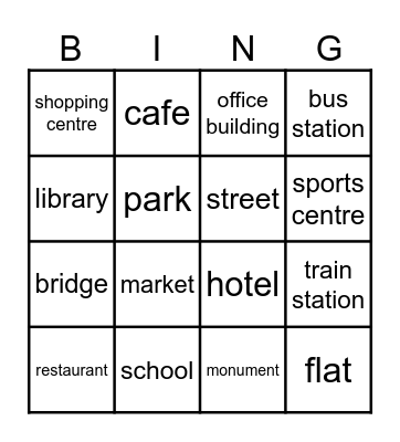 Places in towns and cities Bingo Card