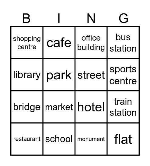 Places in towns and cities Bingo Card