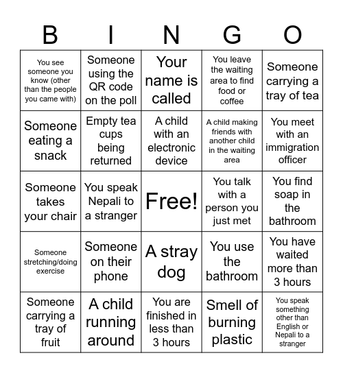 Immigration Department  Bingo Card