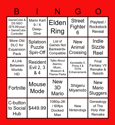 Nintendo Switch 2 Direct Bingo Card