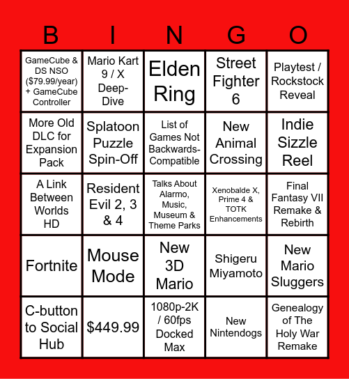 Nintendo Switch 2 Direct Bingo Card