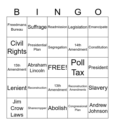 Reconstruction Bingo Card