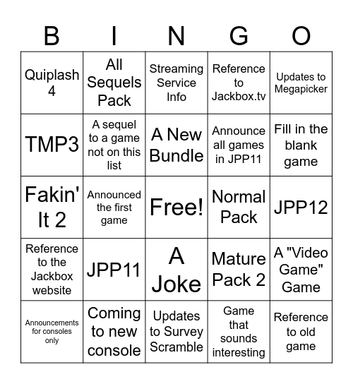 Jackbox Direct Predictor Bingo Card