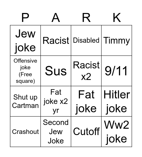 South Park Bingo Card