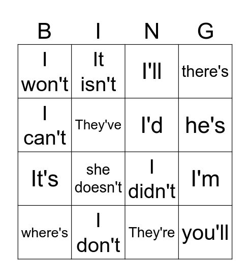 Contractions Bingo Card