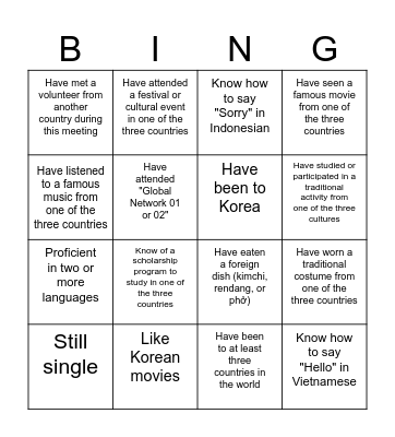Cultural Bingo Card
