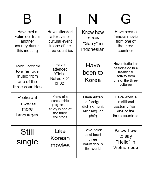 Cultural Bingo Card