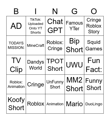 Shorts Bingo Card