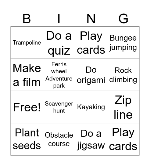 Free time activities and Water Park activities Bingo Card