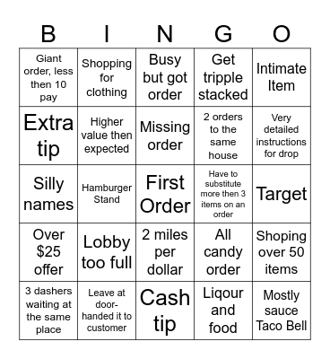 Casper DoorDash Bingo Card