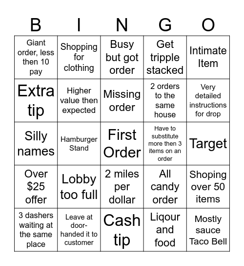 Casper DoorDash Bingo Card