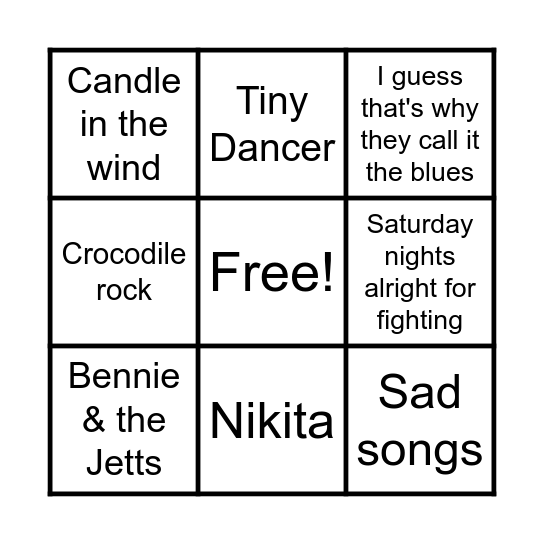 Elton John Bingo Card
