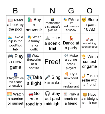 Spring Break Bingo Card