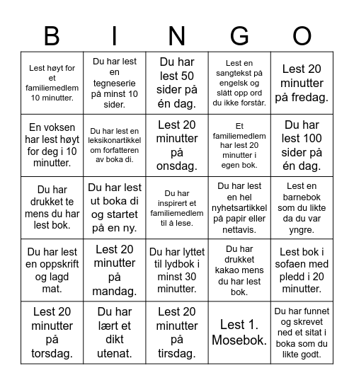 Lesebingo 8. trinn Bingo Card