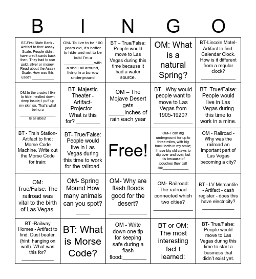 Springs Preserve Bingo Card