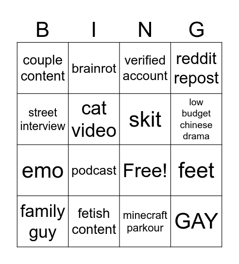 Instagram reels Bingo Card
