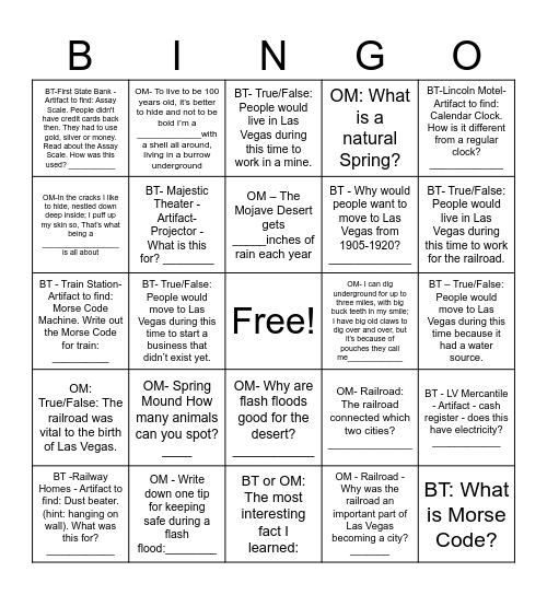 Springs Preserve Bingo Card
