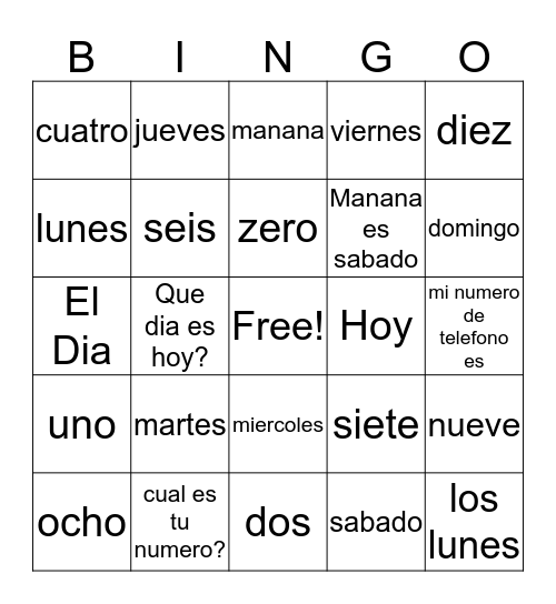 Spanish Vocabulary Bingo Card