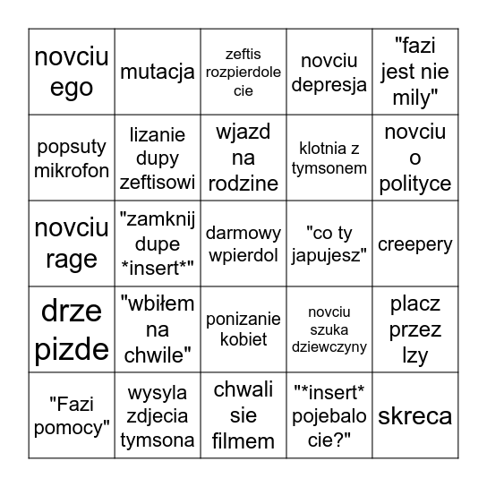 novciu Bingo Card