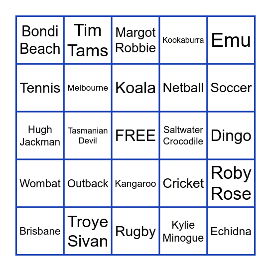 Australian Bingo Card