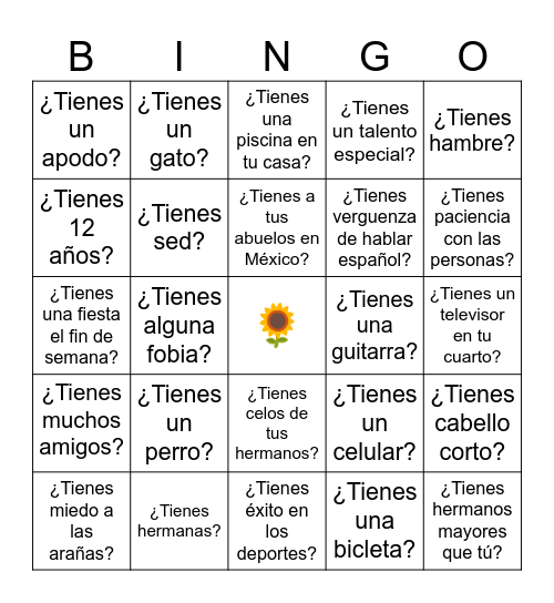 Tener Bingo Card