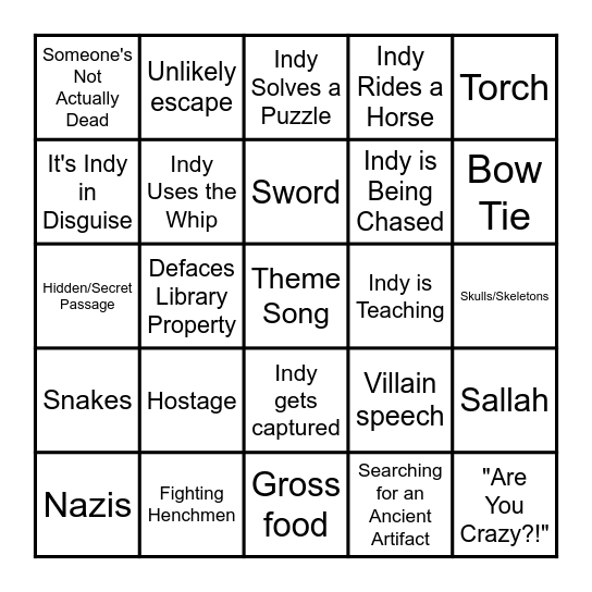 Indiana Jones Bingo Card