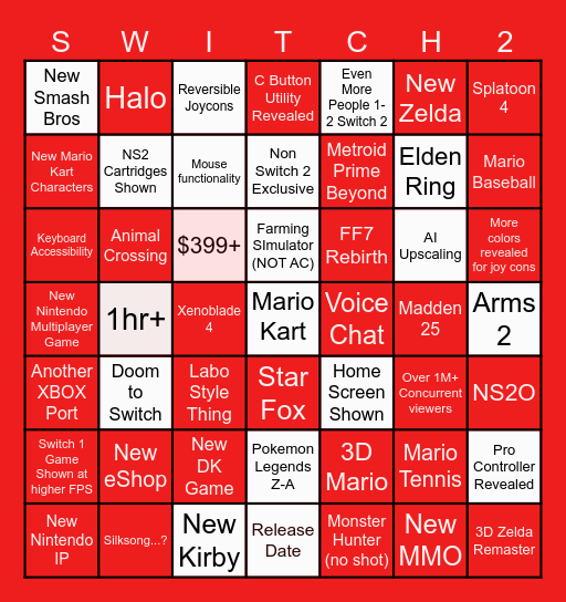 Switch 2 Direct Bingo Card Bingo Card