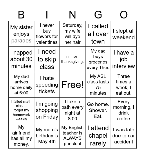 unit five Bingo Card