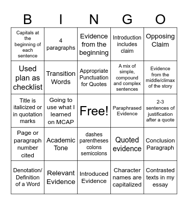 Literary Essay (Argument) Bingo Card