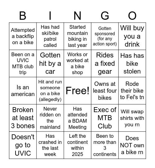 MTB Club X BDAM @ Fel's BINGO Card