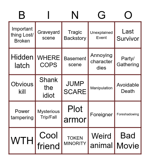 SLASHER MOVIES Bingo Card