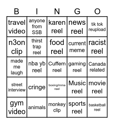 Instagram reel bingo Card
