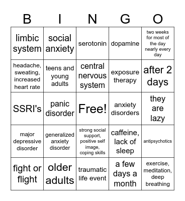 Anxiety and Depression Bingo Card