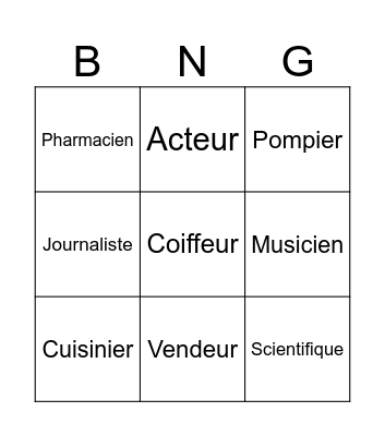 Les professions Bingo Card