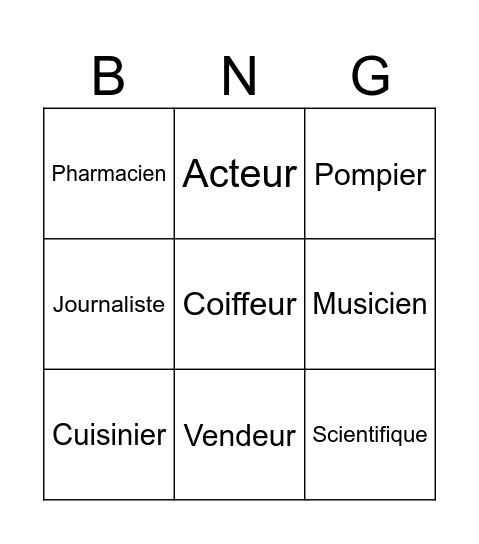 Les professions Bingo Card