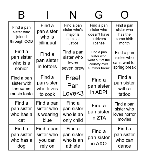 Pan Sister Bingo Card