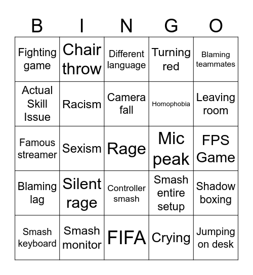 Gamer Rage Bingo Card